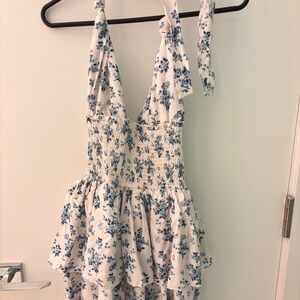 Floral Smocked Dress with Blue and White Pattern